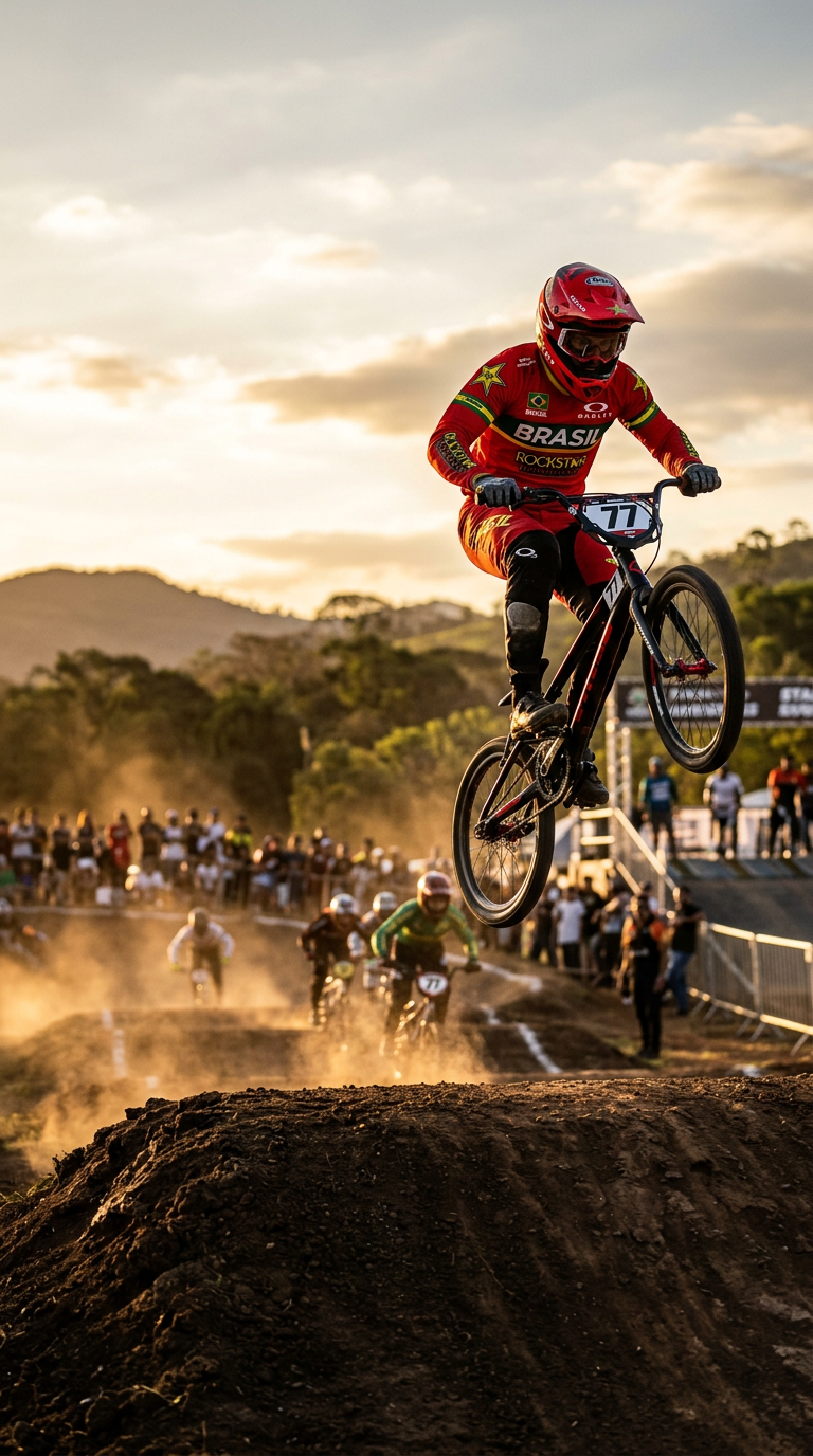 Piloto de BMX saltando em pista de terra durante competição